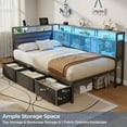 thumbnail image 6 of Tydimor L-Shaped Corner Bed Frame with 3 Storage Drawers, 3 Cubbies & Double-Layer Shelf, LED Lights & Power Outlet, Corner Twin Beds for Living Room, Bedroom and Guest, Grey Oak, 6 of 12