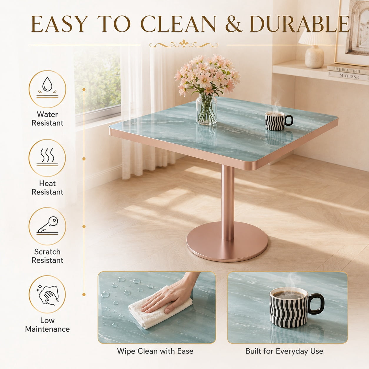 Aukfa 31.5" Square Dining Table for 2-4, Marble-Look Sintered Stone Top, Rose Gold Pedestal Base, Small Spaces,Emerald Green