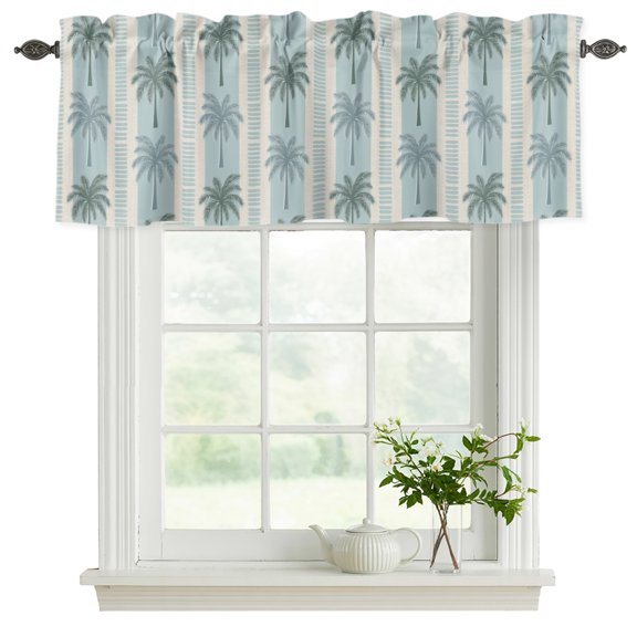 Palm Tree Valance Curtains for Windows 2 Pack, Summer Coastal Blue Striped Green Tropical Leaf Beach Light Filtering Rod Pocket Short Valance Curtains for Kitchen Bathroom, 60x18in