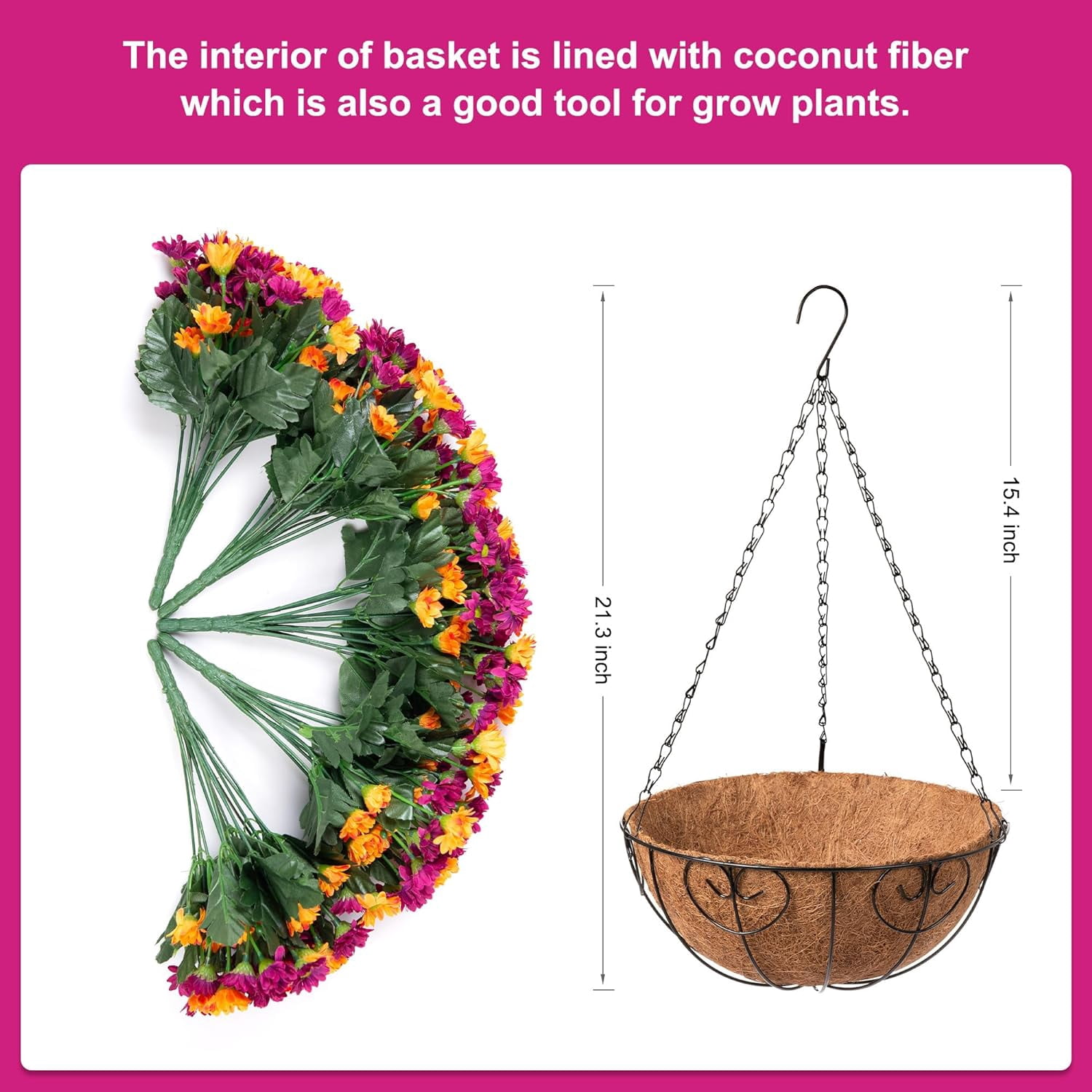Artificial Hanging Flowers in Basket Patio Garden Porch Deck Spring Summer Decor, Faux Chrysanthemum Arrangement Fake Plants ines Coconut Lining Basket of Outdoor/Indoor Decor