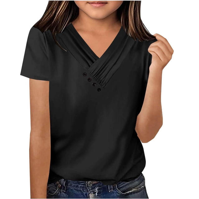 Mgmyaa T-Shirts d'Été Décontractés pour Filles, Col en V, Manches Courtes, Blouses, 5-13 Ans
