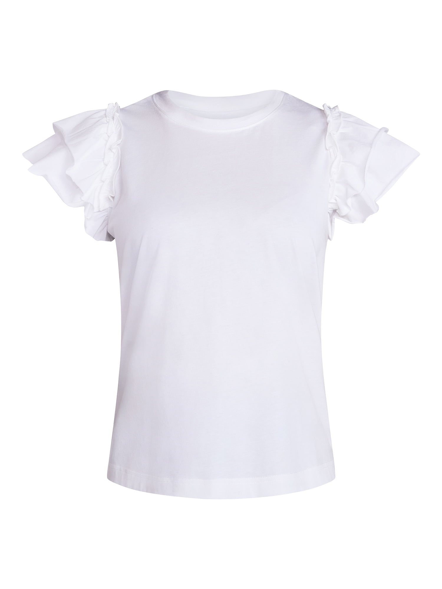 Time and Tru Women's Cotton Crewneck Tee with Ruffle Flutter Sleeves, Sizes XS-XXXL