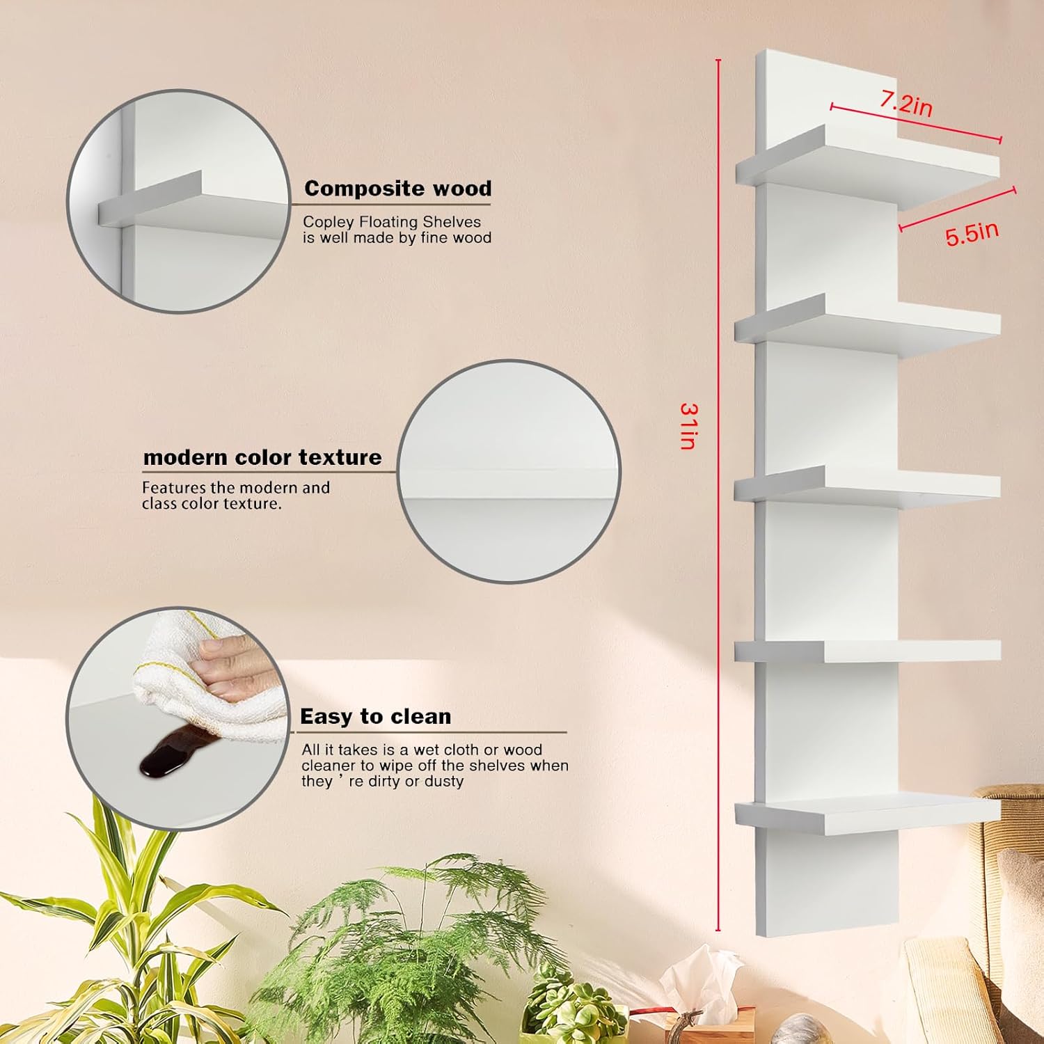 5 Tier Wall Shelves - White Vertical Book Shelf for Wall Storage, Modern Floating Shelves for Bedroom Living Room Vanity