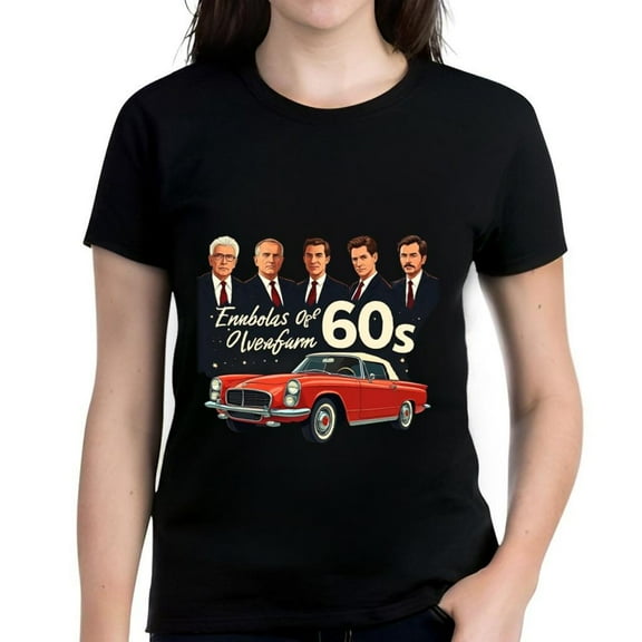 Retro 1960s Style Cotton Short Sleeve T-Shirt for Women - Classic Red Car & Vintage Men Portraits Design - Nostalgic Farmen Inspired Tee