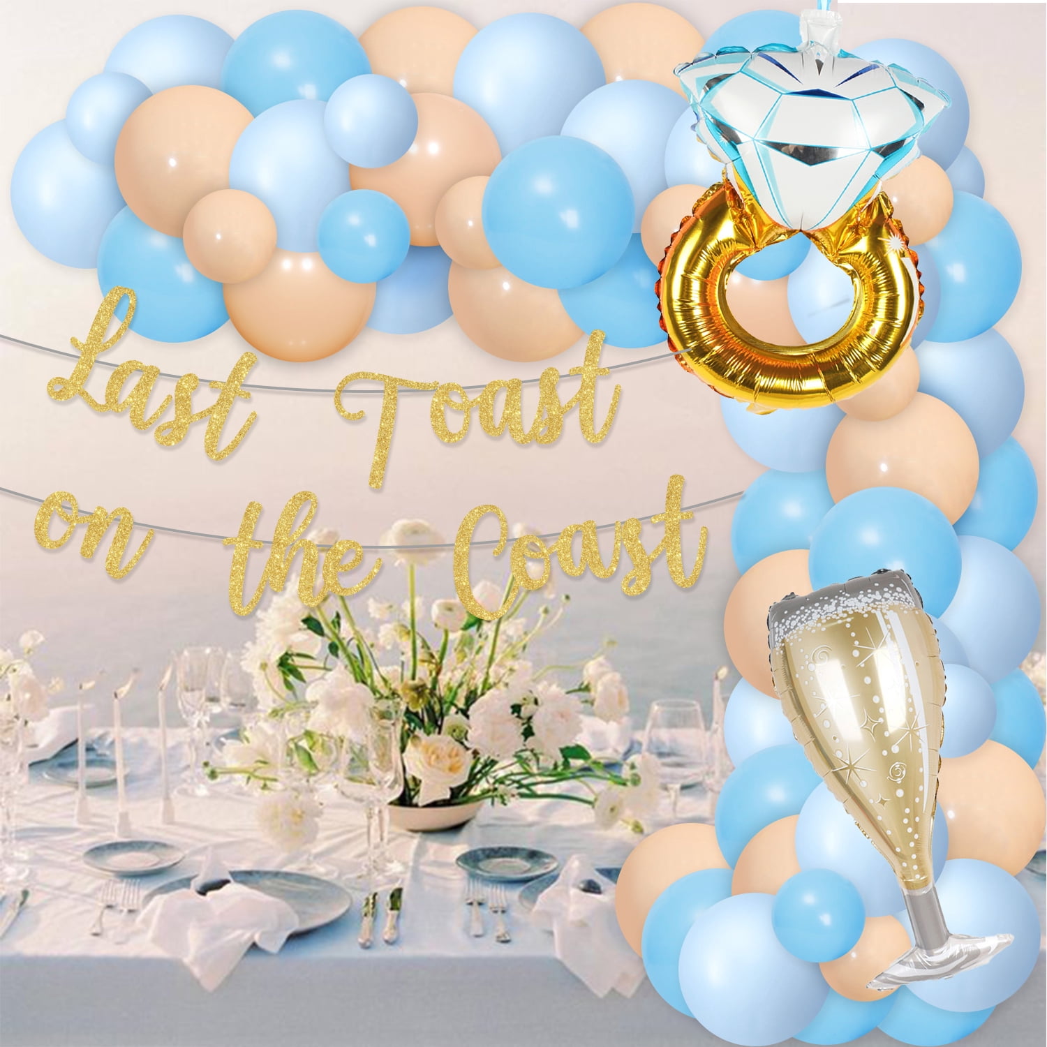 Bachelorette Party Decorations Glitter Gold Last Toast on The Coast Banner with Blue Apricot Balloon Garland Arch Kit, Ring and Champagne Foil Balloons for Hen Party Beach Wedding Engagement Decor