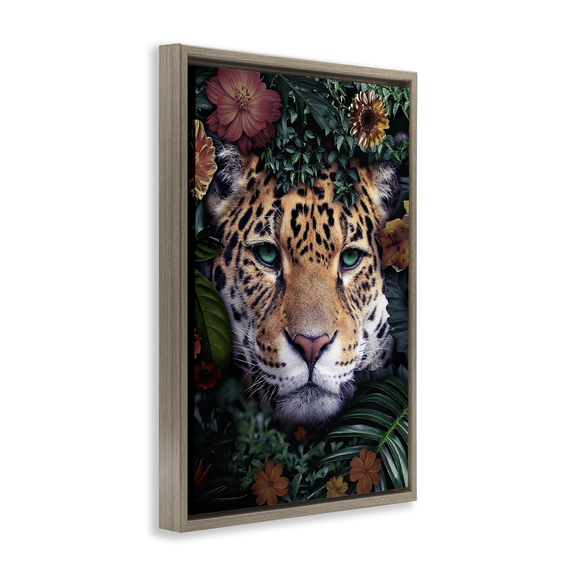 Stupell Industries Cheetah with Tropical Florals Animals Painting Brown Floater Framed Canvas Art Print Wall Art, 17 x 25