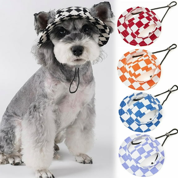 Dalrosia Plaid Pattern Dog Hat with Ear Hole Round Brim Dog Puppy Cat Sun Hat Bucket Hat Outdoor Sun Protection Pet Caps for Small Medium Cats Dogs Kitten