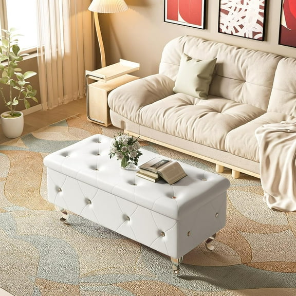 Recaceik Ottoman with Storage, Leather Upholstered, White
