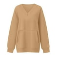 thumbnail image 5 of larppty V Neck Sweatshirt Women Pocket No Hood Oversized Pullover Casual Soft Long Sleeve Tops With Pockets Fall Fashion (Khaki, L), 5 of 7