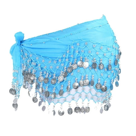 Chiffon Dangling Silver Coins Belly Dance Hip Scarf, Vogue Style -lake blue, Made from chiffon with silver coins By Belly Dancing