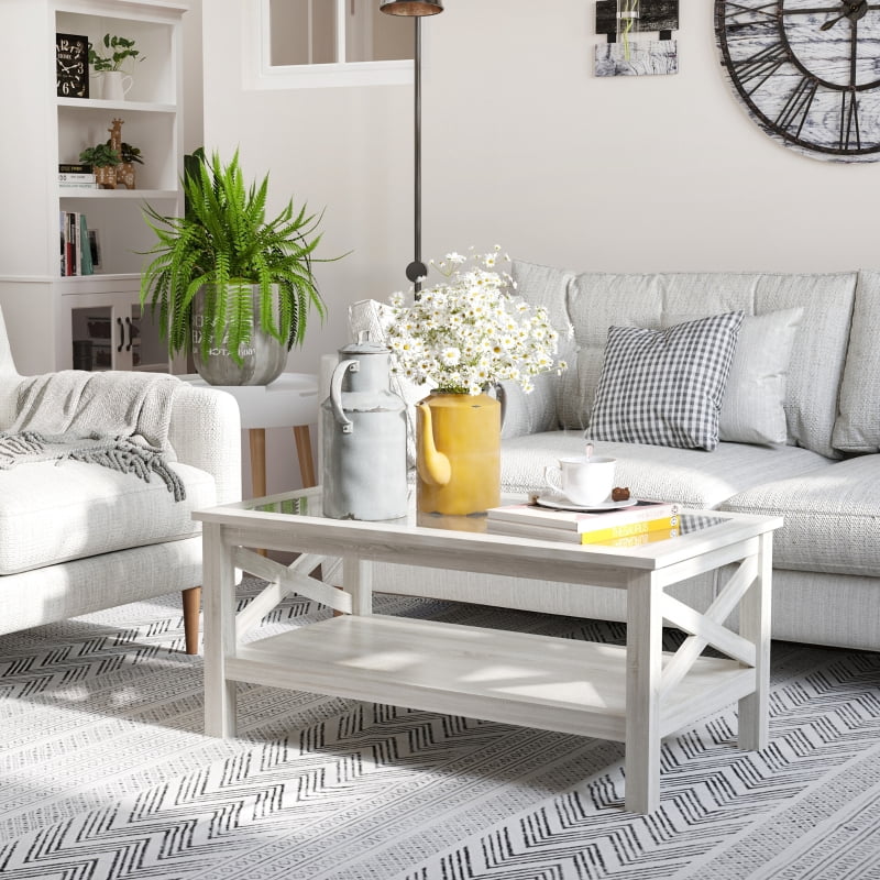 HOQBN Coffee Table with Tempered Glass Tabletop, Living Room Table with Wood Frame and Underneath Storage Shelf, White Oak