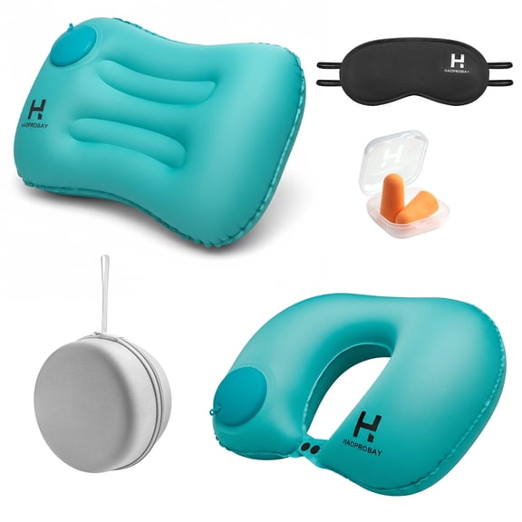 Travel Pillow and Lumbar Support Pillow Set 4 in 1 - Neck Pillow, lumbar Pillow, Eye Mask & Earplugs - Press-to-Inflate Design, 360° Breathable Support for Airplane, Car Travel, Office Nap (Green)