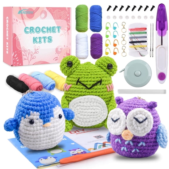Crochet Kit for Beginners Kids Adults - Amigurumi Crocheting Animal Kits, Beginner Knitting Set DIY Art Craft, 3 Pattern Owl, Penguin, Frog, Easy to Learn Tutorials, Yarns, Hook, for Girls Age 12 
