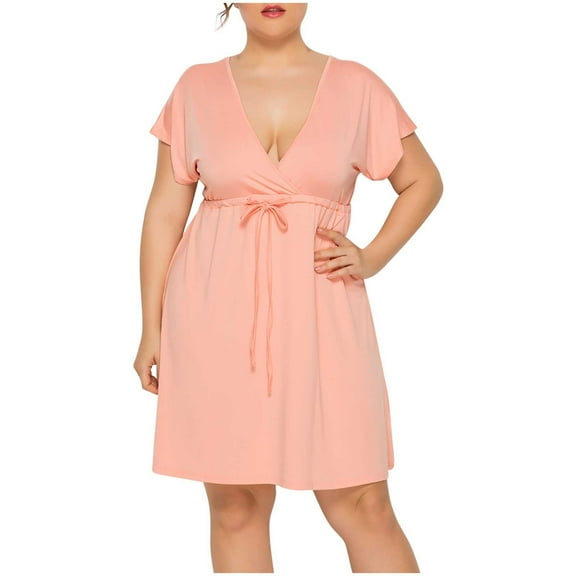 Efsteb Fashion Dresses for Women 2026 Resort Dress Loose Fit Plus Size Waist Drawstring Elegant Dress Casual Short Sleeve Spring V-Neck Solid Color ,Size:XXXL