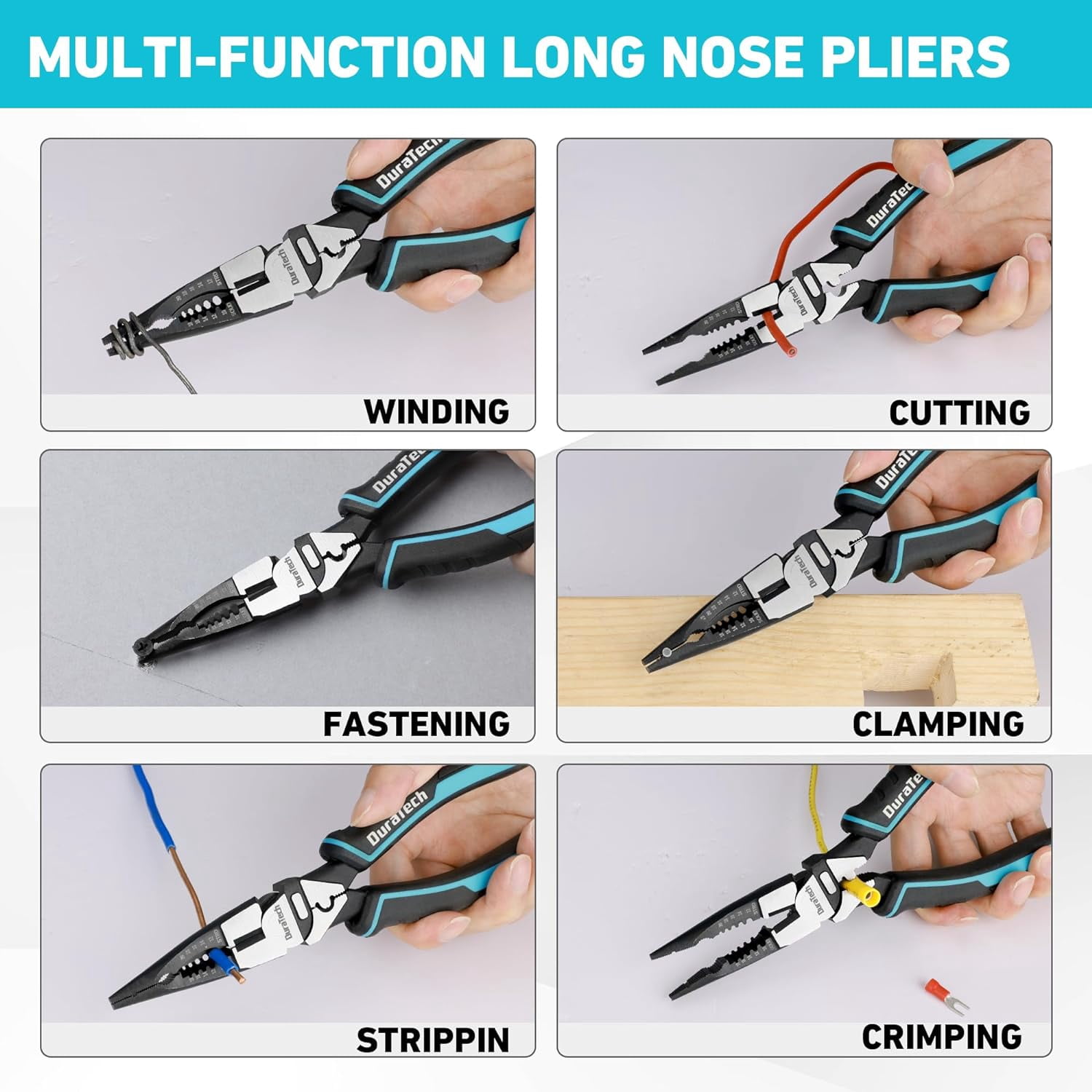 6-in-1 Needle Nose , 8.5" Multipurpose Long Nose with Wire Stripper/Crimper/Cutter Function, Heavy Duty Multifunctional Electrician for Crimping, Stripping, Shearing