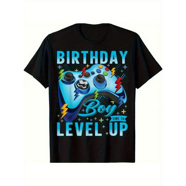T-Shirt Graphique de Jeu Vidéo pour Garçons « Birthday Boy Level up » - Col Rond en Coton Noir à Manches Courtes, Style Décontracté et Sportif, Coupe Confortable Toutes Saisons, Cadeau Parfait pour les Jeunes pour Noël Ou les Anniversaires