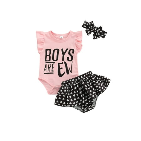 

Farrubbyine8 Infant Girls Romper Suit Fly Sleeve Snap Romper Heart Short Skirt Bow Headband 3PCS Outfits