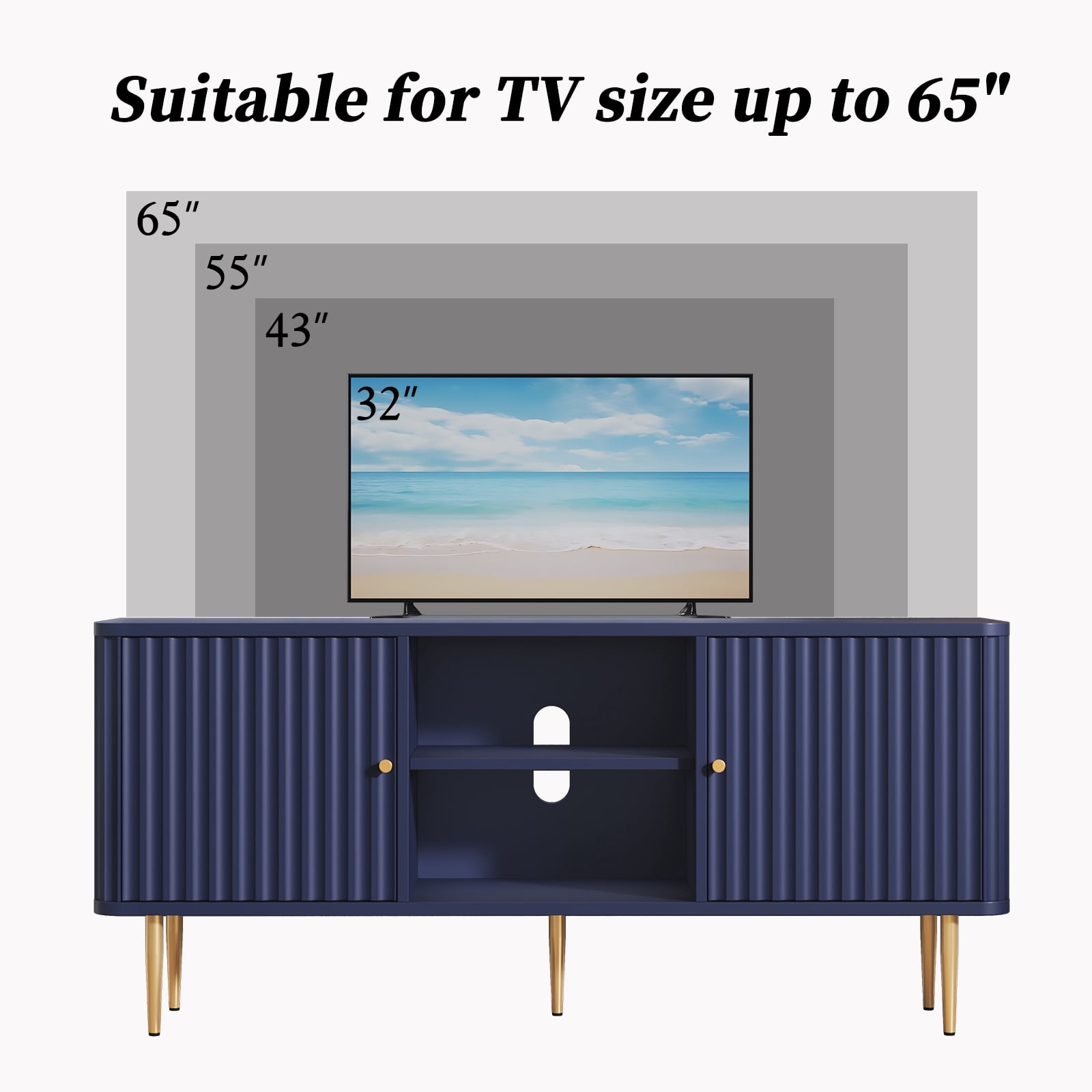 HLR Modern Fluted 55" TV Stand for 65 Inch TV, Entertainment Center with Storage, TV Console for Living Room, Blue