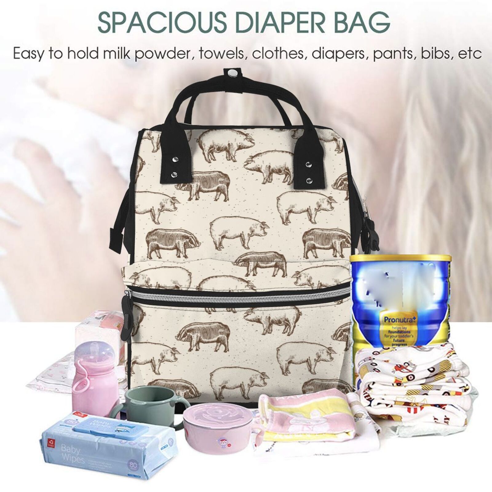 Ratiio Vintage Farm Pigs Mummy Backpack - Waterproof Twill Canvas, Large Capacity Diaper Bag with Multiple Pockets and Adjustable Straps
