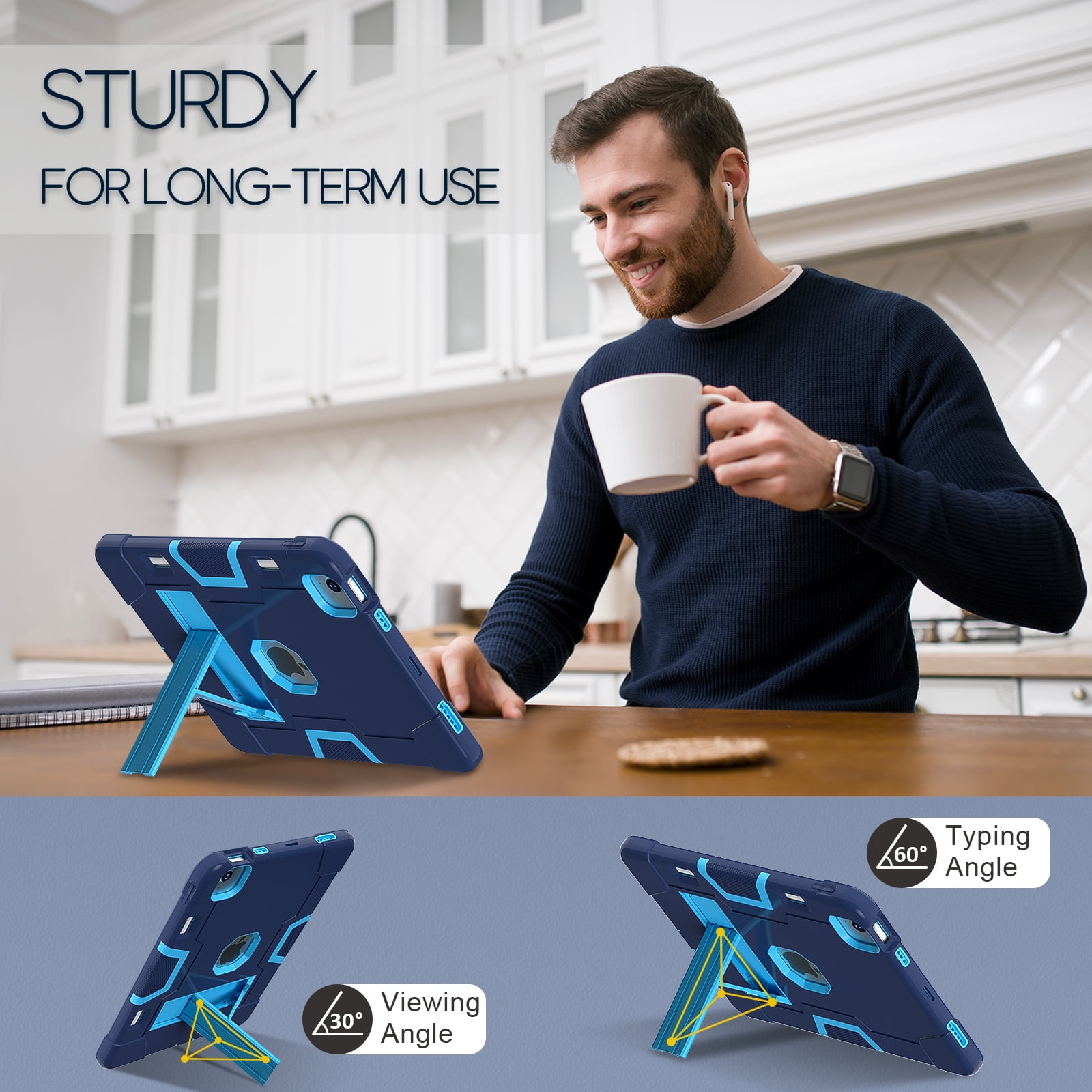 ELEHOLD for iPad Air 11 Inch Case 2024 Release, iPad Air 11 (M2) Case with Pencil Holder and Kickstand, Heavy Duty Shockproof Protective Cover,Navyblue