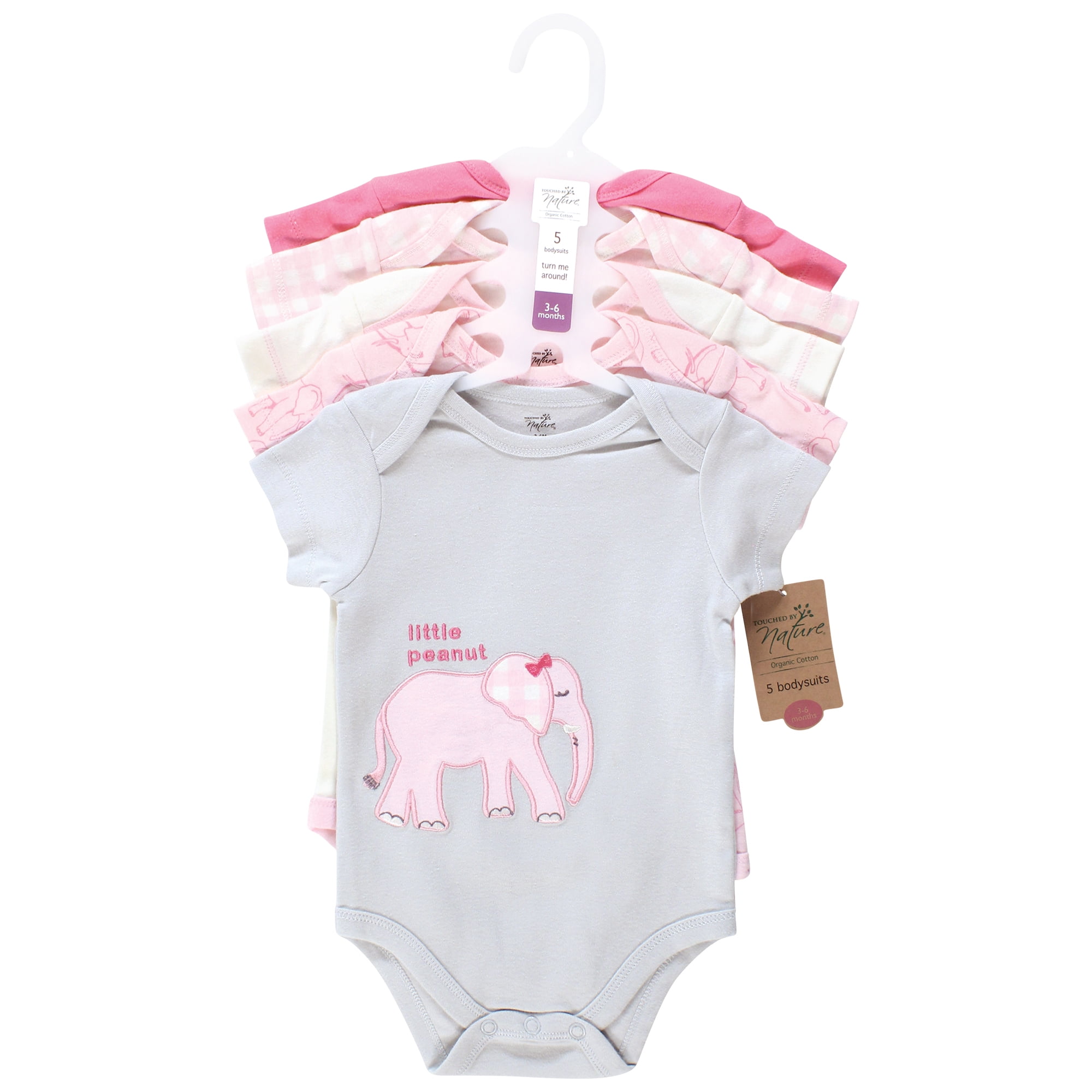 Touched by Nature Unisex Baby Organic Cotton Bodysuits, Pink Peanut, 9-12 Months