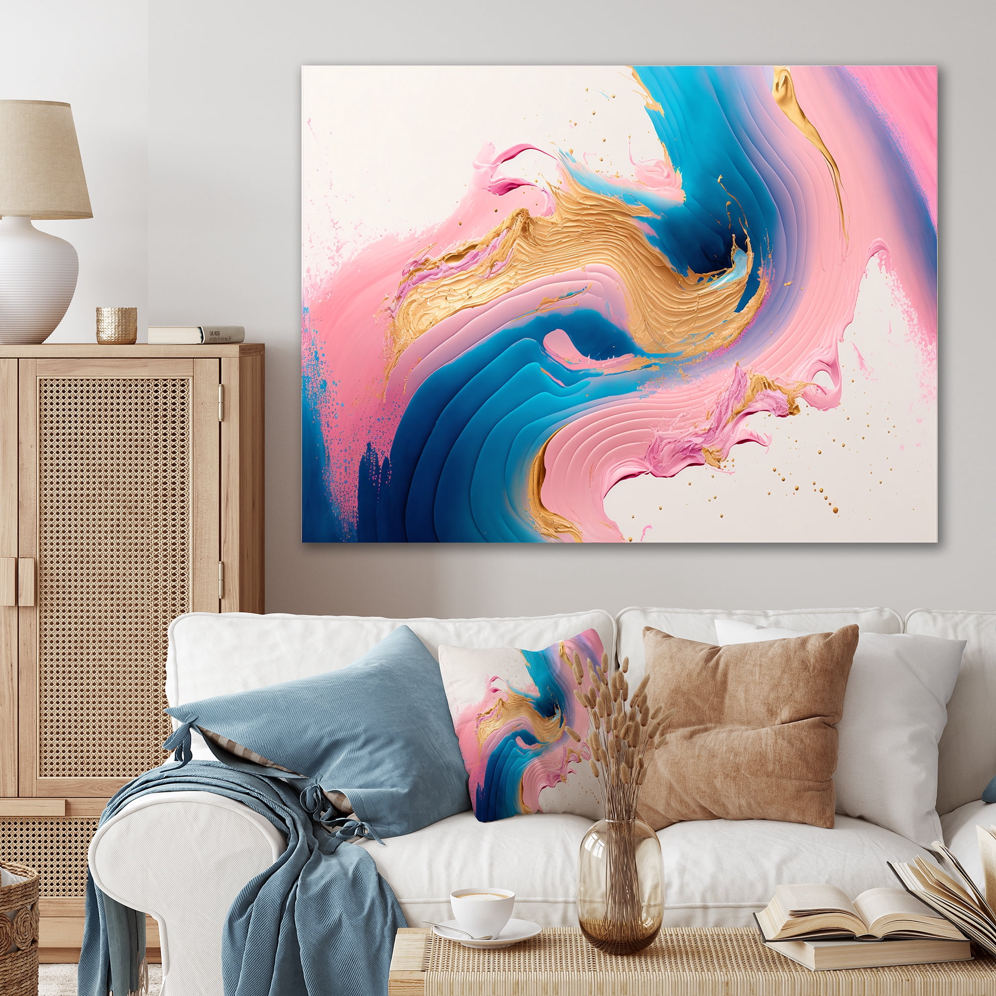 Designart Pink And Gold Waves Canvas Wall Art