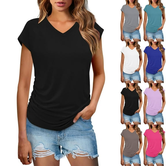 YUGYXL Classic Short Sleeve Shirts for Women Summer Trendy Ruched Tops Lounge V Neck Tunics Blouses Outdoor Tees Black XL