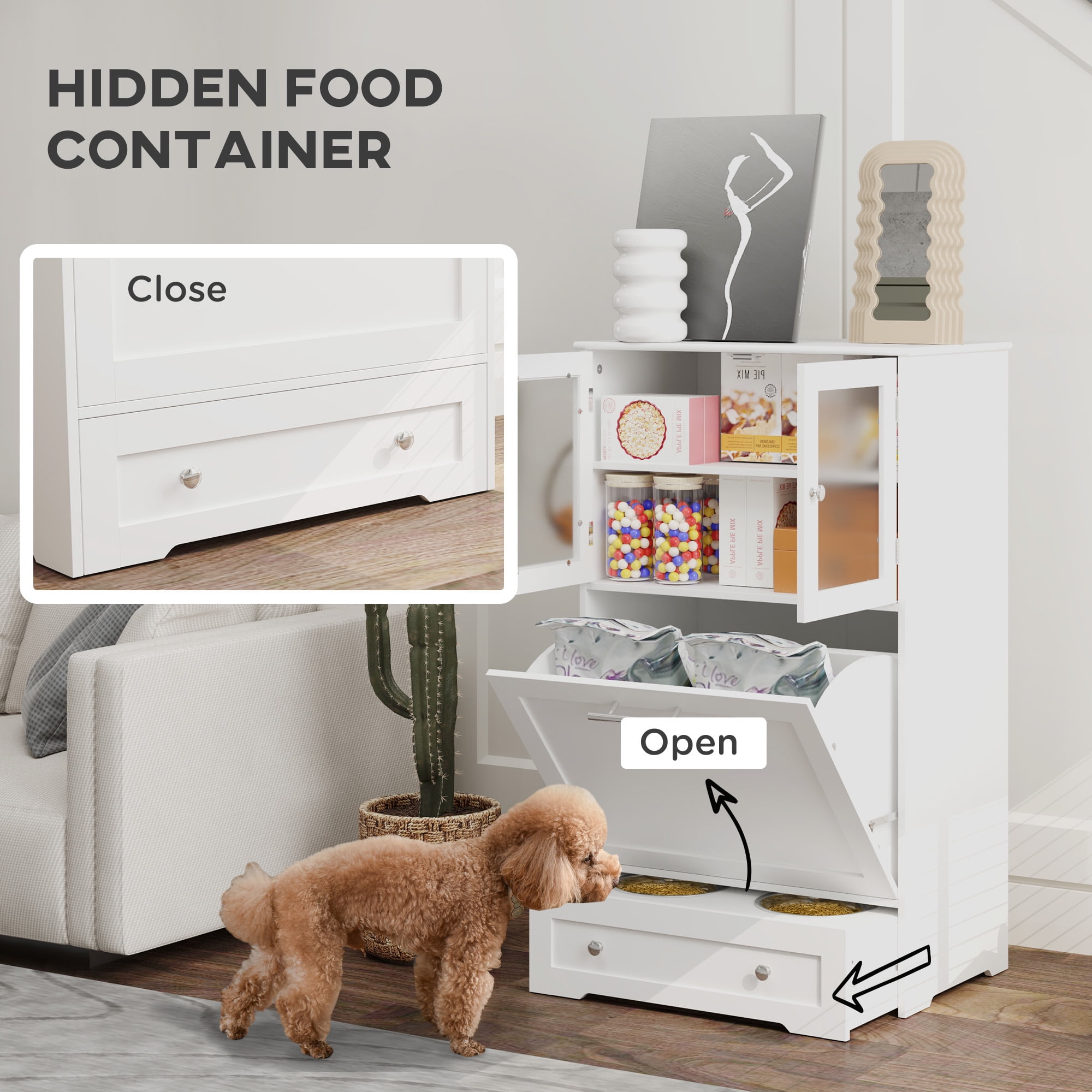 Pet Feeder Station Storage Cabinet with Dog Raised Bowls, White
