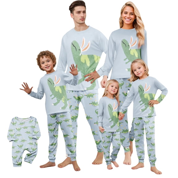 Onlypjs Easter Family Matching Pajamas Set Bunny-Eared Dinosaur Print – Soft Long Sleeve Sleepwear for Men and Women, Cozy Loungewear