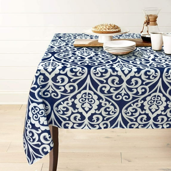 Rectangle Polyester Tablecloth Vintage Printed and Spill Proof Table Cover for Home and Kitchen (Blue and White, 60x104 Inch)