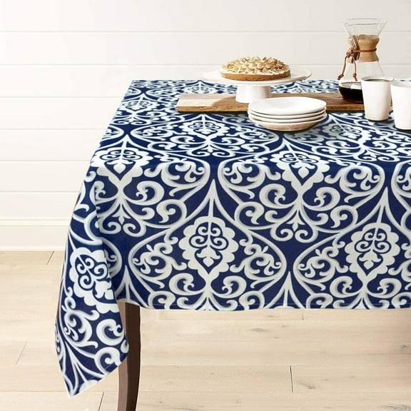 Rectangle Polyester Tablecloth Vintage Printed and Spill Proof Table Cover for Home and Kitchen (Blue and White, 60x104 Inch)