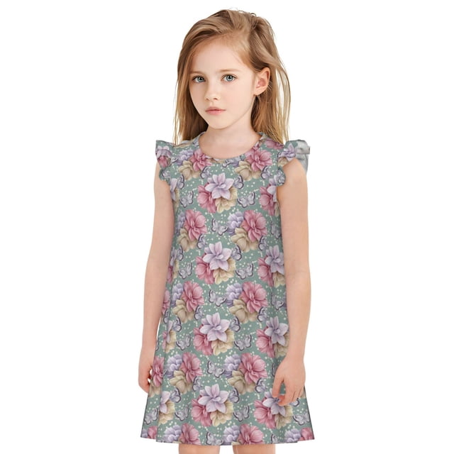 Fotbe Watercolor Butterflies Vestido de Dormir para Niñas de 3 a 10 Años, Mangas Cortas, Estilo Princesa, Pijama Camisón con Mangas Voladas-Large