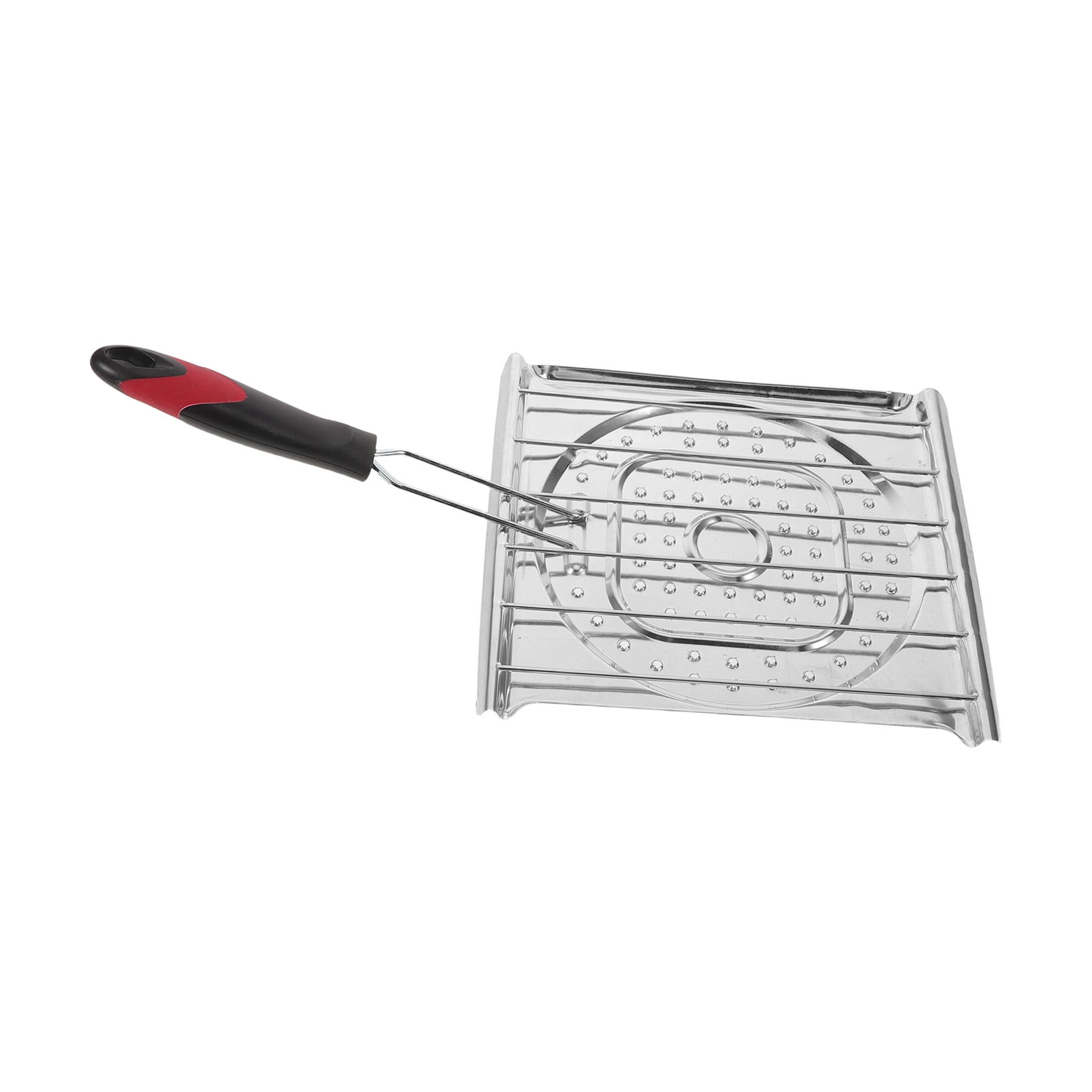 OUNONA Plated Silver Stainless Steel Portable Grill Pan with Foldable Handle Even Cooking Surface for Outdoor Grilling