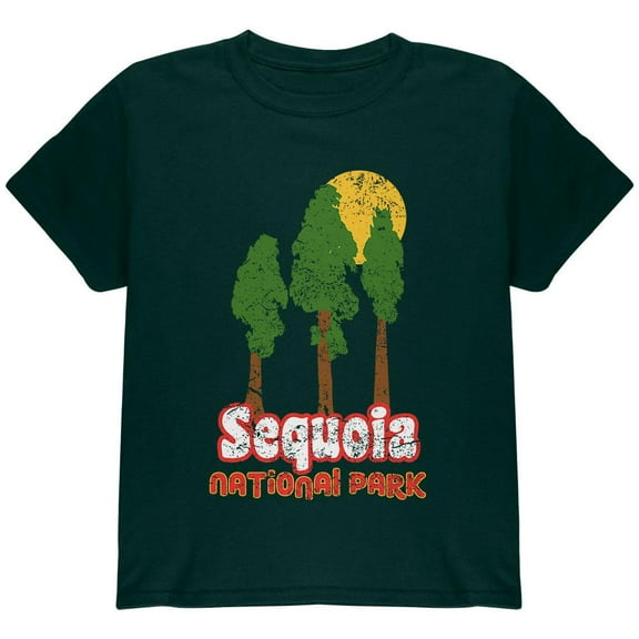 National Park Retro 70s Landscape Sequoia Youth T Shirt Forest Green YMD