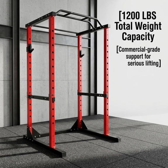 1200 lbs Heavy Duty Capacity Power Rack, 1.8mm Thick Steel Frame Squat Rack Power Cage with 14 Adjustable Safety Bars & 14-Hole J Hooks for Home Gym Strength Training