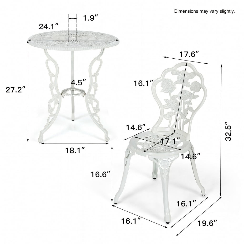 Hommoo Cast Aluminum Outdoor Patio Furniture Set, 3-Piece Rose-Embellished Table and Chairs for Balcony, Deck, Garden or Poolside, White