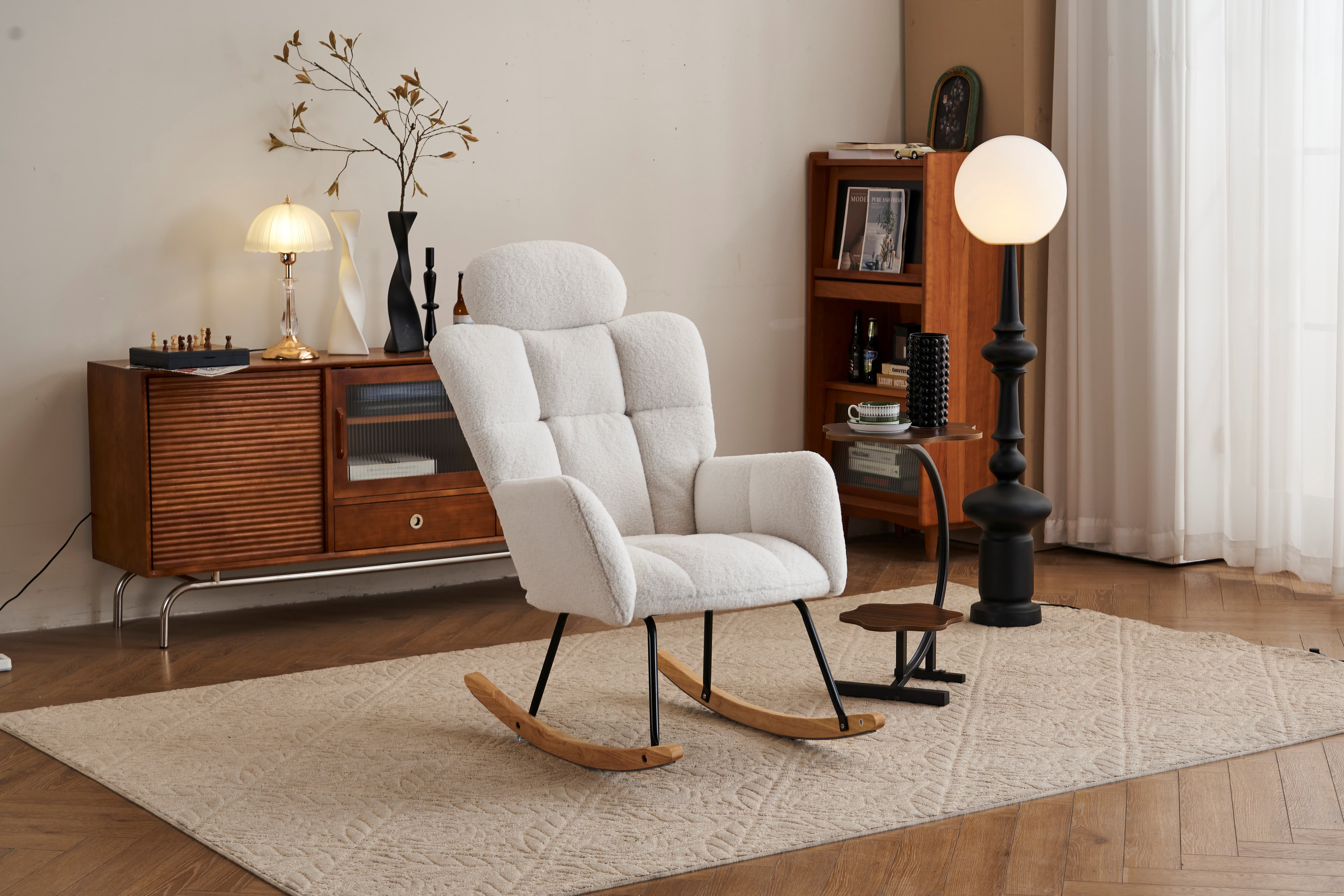 Holaki 055-Teddy Fabric Upholstered Nursery Rocking Glider Chair Modern Accent Armchair Padded Seat with High Backrest and Pillow for Living Room Bedroom (Ivory)