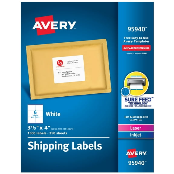 Avery Shipping Labels, Sure Feed, 3-1/3" x 4", 1,500 Labels (95940)