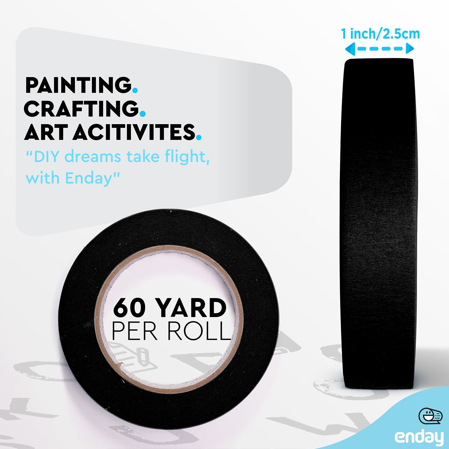 enday Masking Tape, 1" x 60 Yards, Black, Pack of 6