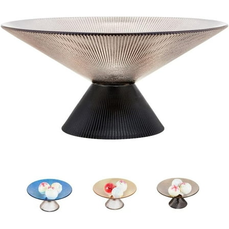 Glass Fruit Bowl – 10” Gray Decorative Bowl with Ripple Design and Black Pedestal Base – Wide Crystal Candy Bowl, Decorative Bowls for Home Décor, or Modern Centerpiece Accent
