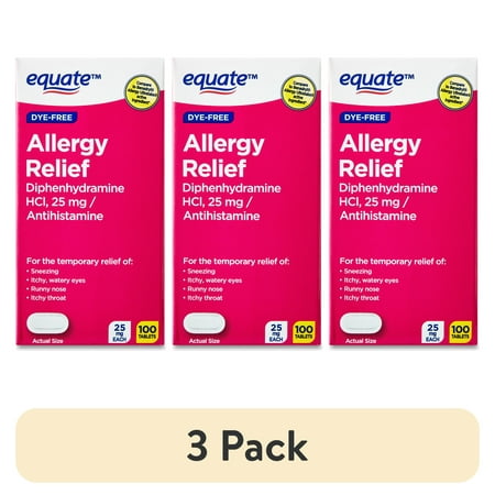 (3 pack) Equate Dye-Free Allergy Relief Diphenhydramine HCl 25mg Antihistamine, 100 Count Tablets, Compare to Benadryl® Allergy Ultra tabs® Active Ingredient