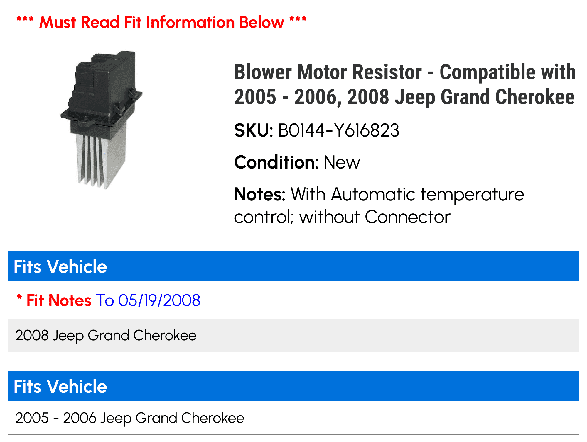 Blower Motor Resistor - Compatible with 2005 - 2006, 2008 Jeep Grand Cherokee - Holstein