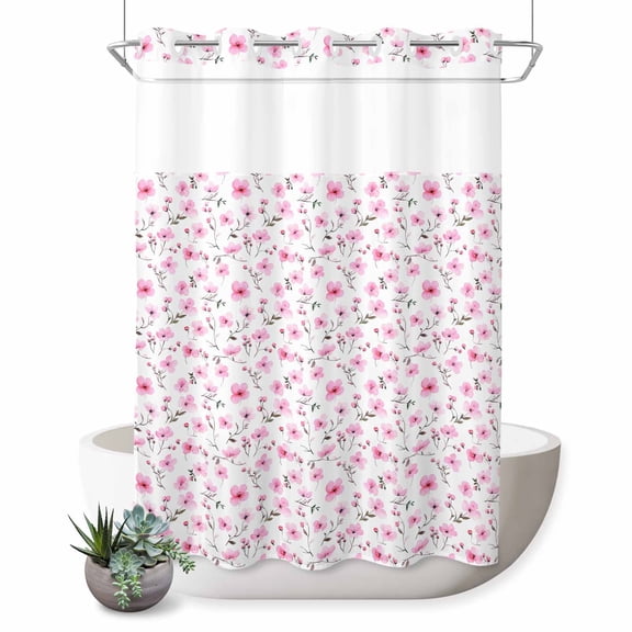 No Hook Shower Curtain, Pink Spring Floral Shower Curtains for Bathroom with See Through Top Window, Summer Botanical Elegant Waterproof & Washable Bath Curtain Stall 48"x72"