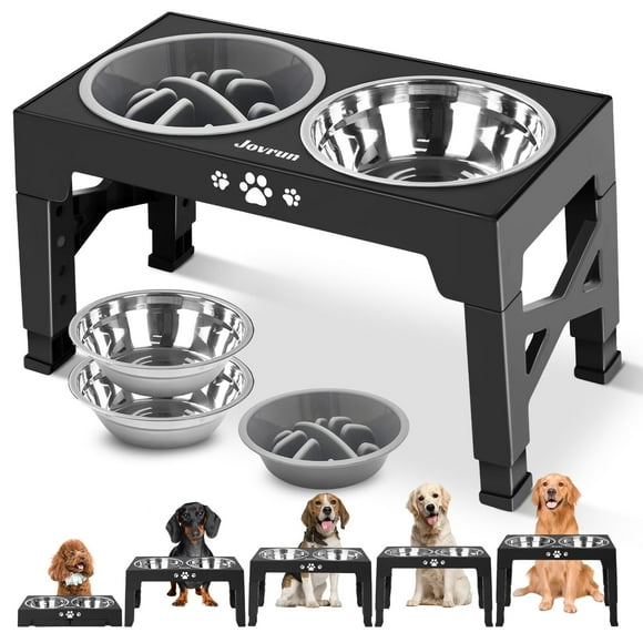 Jovrun Cuencos elevados para perros comedero para perros con 2 cuencos de acero inoxidable y 1 comedero lento, 5 alturas ajustables, soporte para cuencos elevados para perros medianos y grandes, cuenc