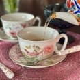 thumbnail image 6 of STP GOODS Birds in Rose Garden Bone China Tea Cup and Saucer Set for 1 in Gift Box 10.14 fl oz (300 ml) Kitchen Teacup Floral Porcelain Tea and Coffee Cup, White and Pink, 6 of 12