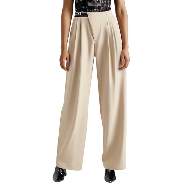 Pantalones anchos de cintura alta para mujer, con bolsillos, estilo informal de negocios - Pantalones de traje de pierna recta