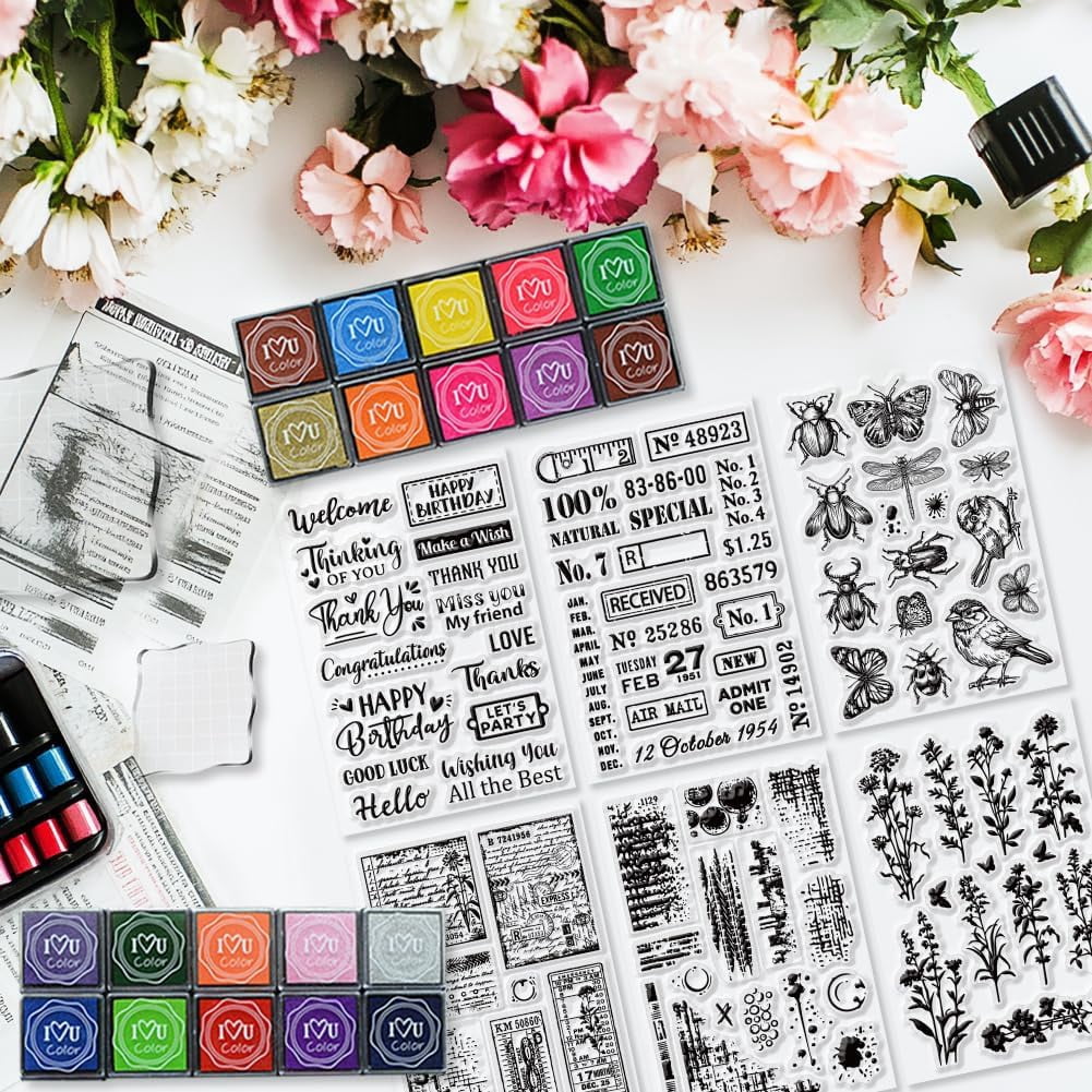29 Pcs Acrylic Stamps for Crafting Card Making Supplies Set Include 3 Acrylic Clear Stamp Blocks 6 Clear Silicone Stamps Seals 20 Craft Ink Pads Stamp for DIY Scrapbooking Journal Black DIY