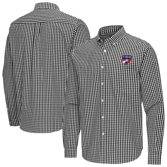Men's Antigua Black FC Dallas Ellis Tri-Blend Long Sleeve Button-Down Shirt