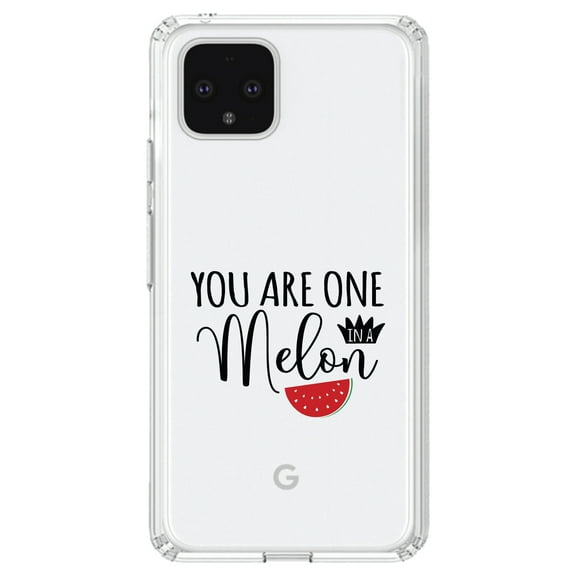 DistinctInk Clear Shockproof Hybrid Case for Google Pixel 4 XL (6.3" Screen) - TPU Bumper Acrylic Back Tempered Glass Screen Protector - You Are One in a Melon Watermelon
