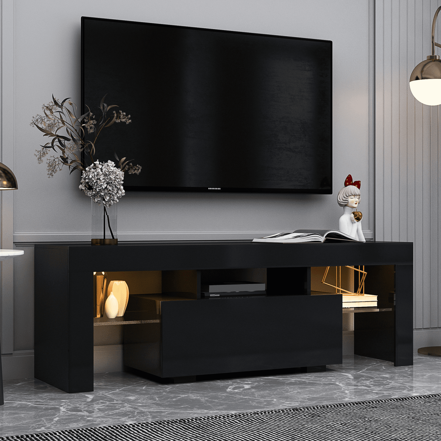 Black TV Stand with LED RGB Lights, Flat Screen TV Cabinet, Gaming Consoles for Entertainment Lounge, Living Room, Bedroom